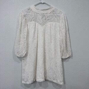 Eve & Maddie Womens 1X White‎ Floral Lace Blouse Mock Neck 3/4 Puff Sleeve Top